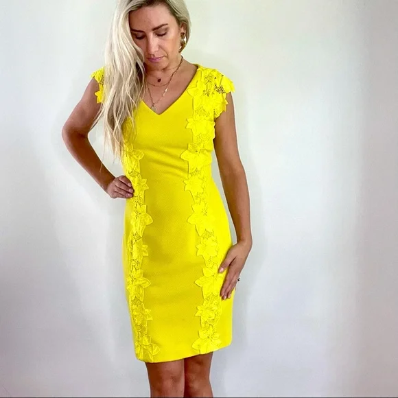 Badgley Mischka Chartreuse Yellow Lace Dress sz 4 - Picture 3 of 14